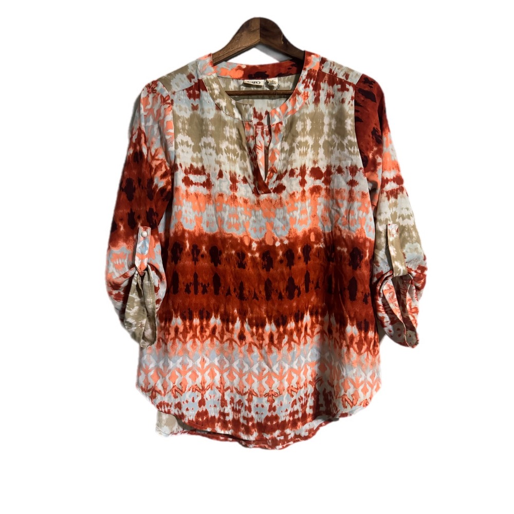 Cato Abstract Ikat Print Roll Tab Blouse‎ Womens Size M Orange Excellent Boho